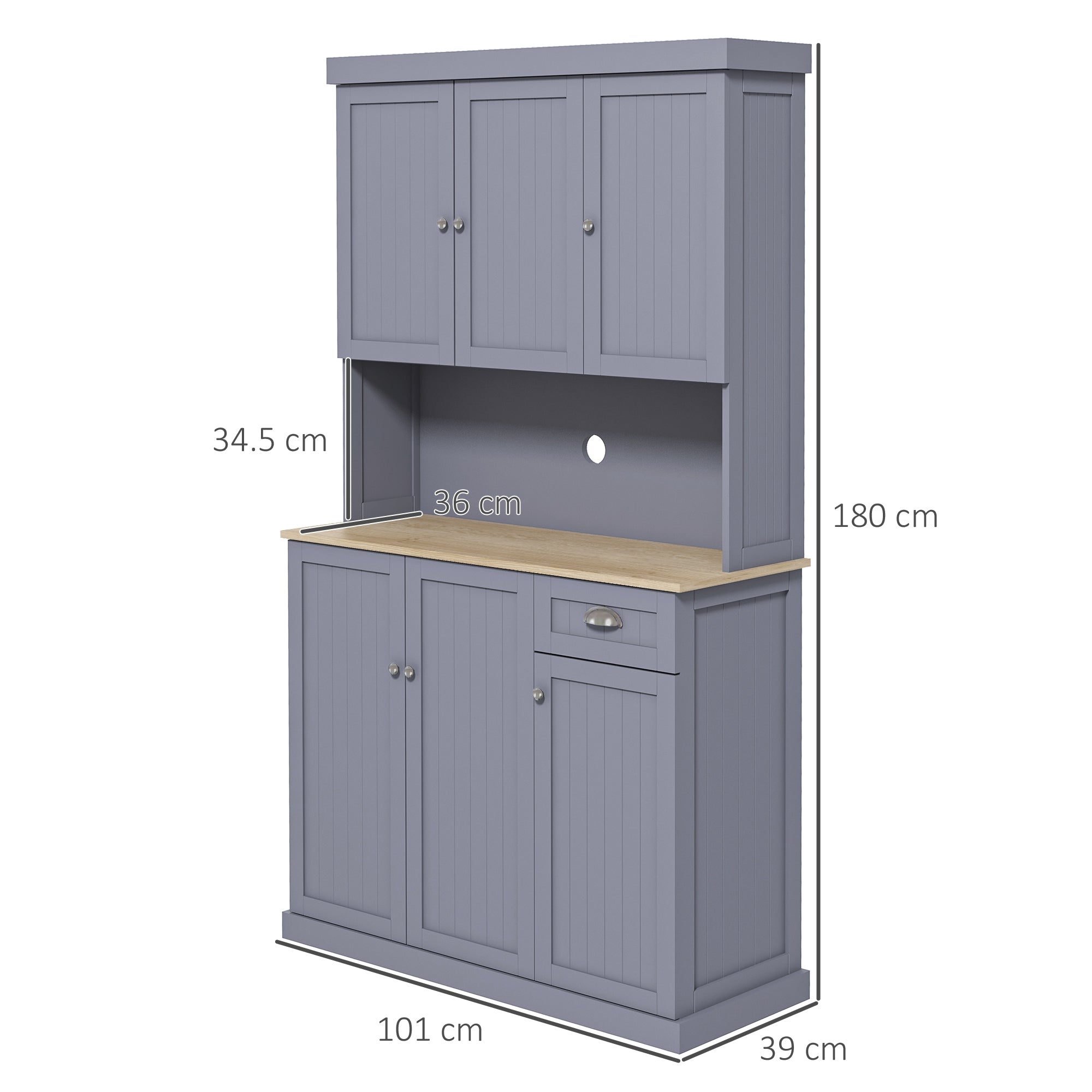 HOMCOM 180cm Freestanding Kitchen Cabinet, Modern Storage Cupboard with Open Countertop, Drawer and 6 Doors, Grey